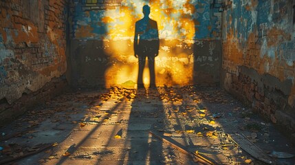 Silhouette of a person standing in an abandoned alleyway during sunset with dramatic shadows and peeling paint on worn brick walls