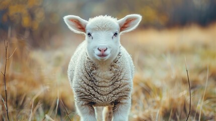 Obraz premium Cute lamb standing on grass in field with blurred background farm animal nature concept