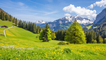 Obraz premium Idyllic mountain landscape in the Alps with blooming meadows in springtime