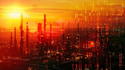 Advanced oil refinery technology close up, focus on, copy space, vibrant colors, Double exposure silhouette with pipelines