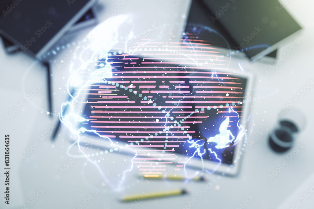 Aufkleber Double exposure of abstract digital world map with connections and modern digital tablet on background, big data and blockchain concept
