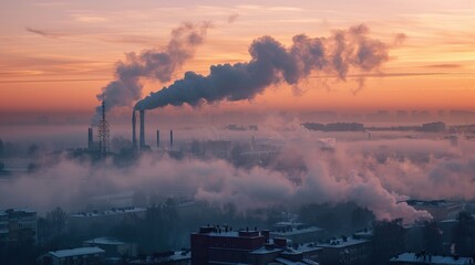 Industrial cityscape with factory chimneys emitting smoke at sunrise pollution urban environment