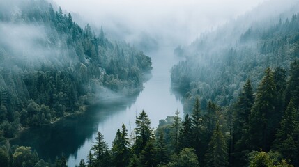 Misty forested mountains with river in the valley surrounded by dense evergreen trees and foggy atmosphere nature landscape wilderness