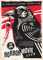 Horror movie festival retro poster design with black raven eating a human eye. Vintage cinema flyer for horror film. Vector illustration.