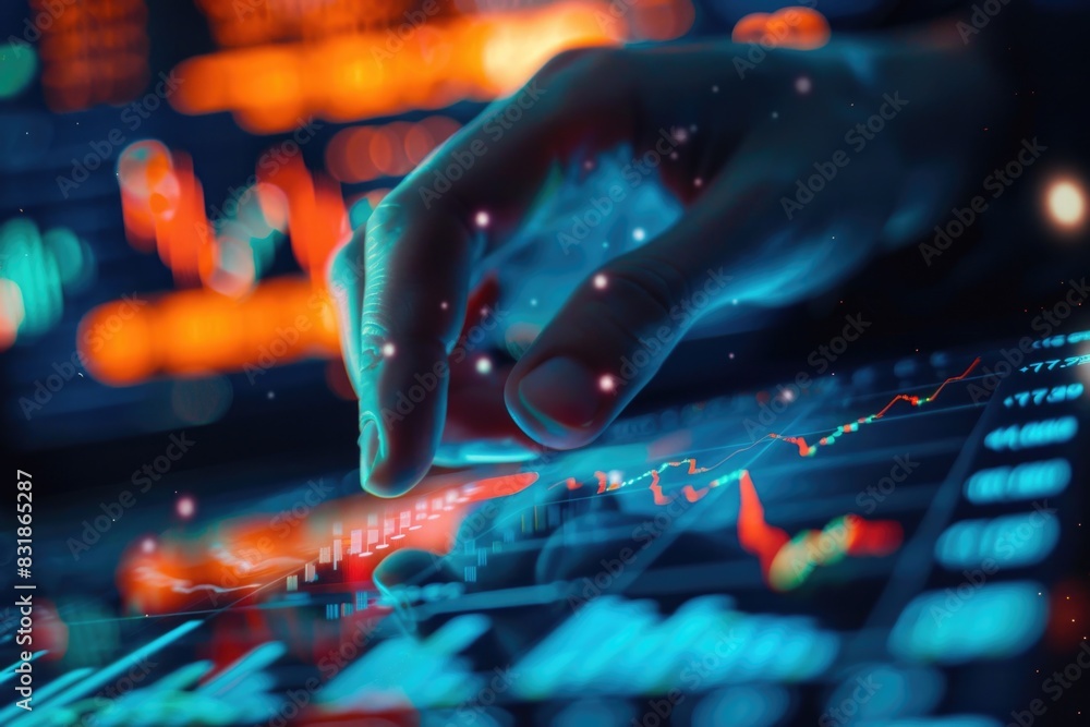 Poster a hand is pointing at a screen with a lot of numbers and lines. concept of focus and concentration a