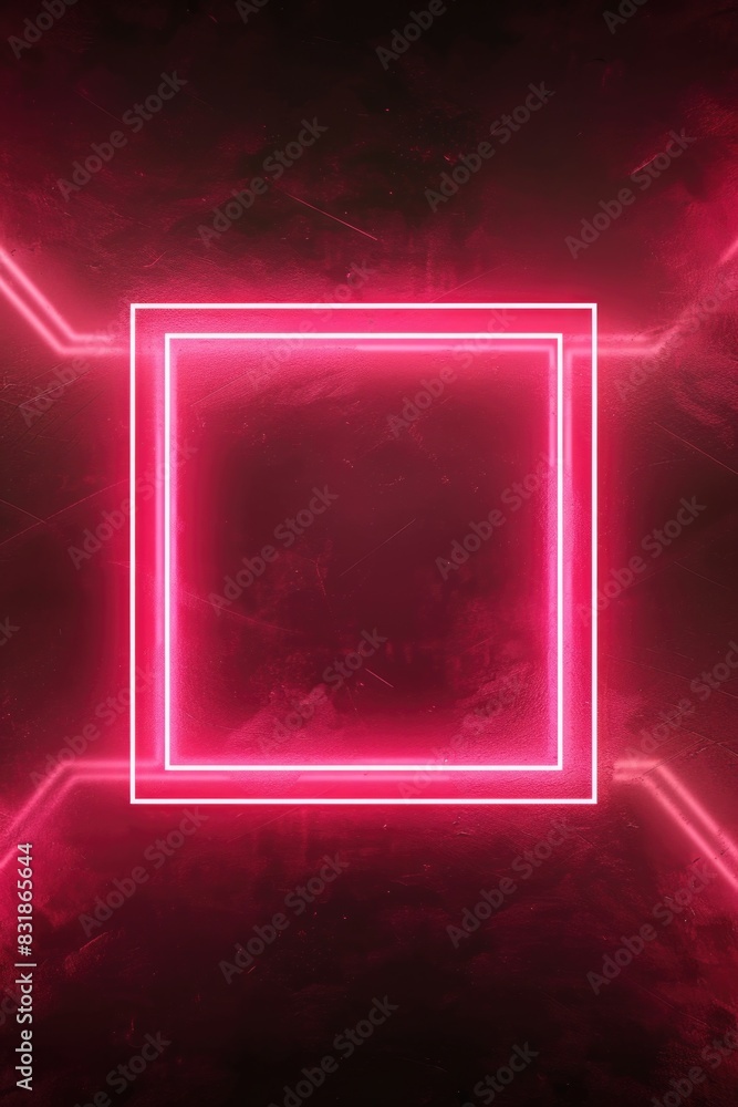 Poster a neon pink square with a black background. the square is lit up and he is a part of a larger image