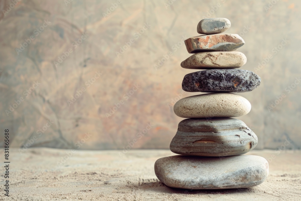 Poster a stack of rocks on a table. the rocks are of different sizes and shapes. the arrangement of the roc