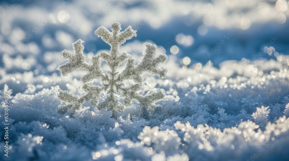 Poster a snowflake is sitting on top of the snow. the snowflake is made of metal and is shiny. the snow is 
