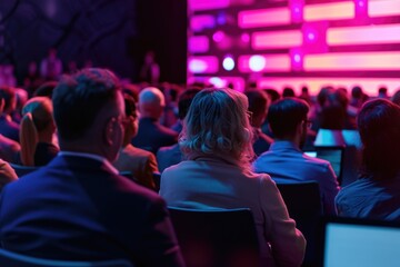 A large group of people are sitting in a room, watching a presentation. The room is brightly lit and the audience is attentive