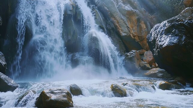 A grand waterfall cascades down with immense force, gushing out a torrent of water surrounded by majestic rocks. Generative AI