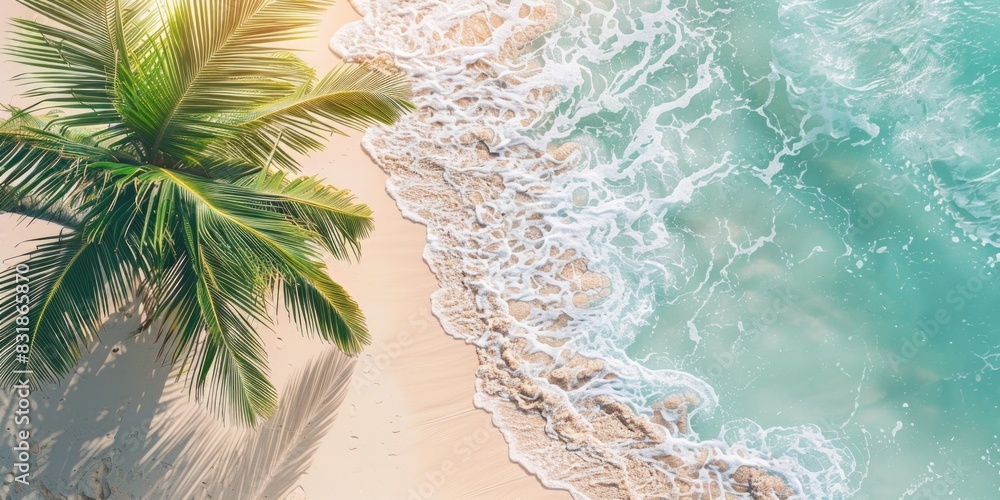 Poster a palm tree is on a beach with the ocean in the background. the image has a peaceful and relaxing mo