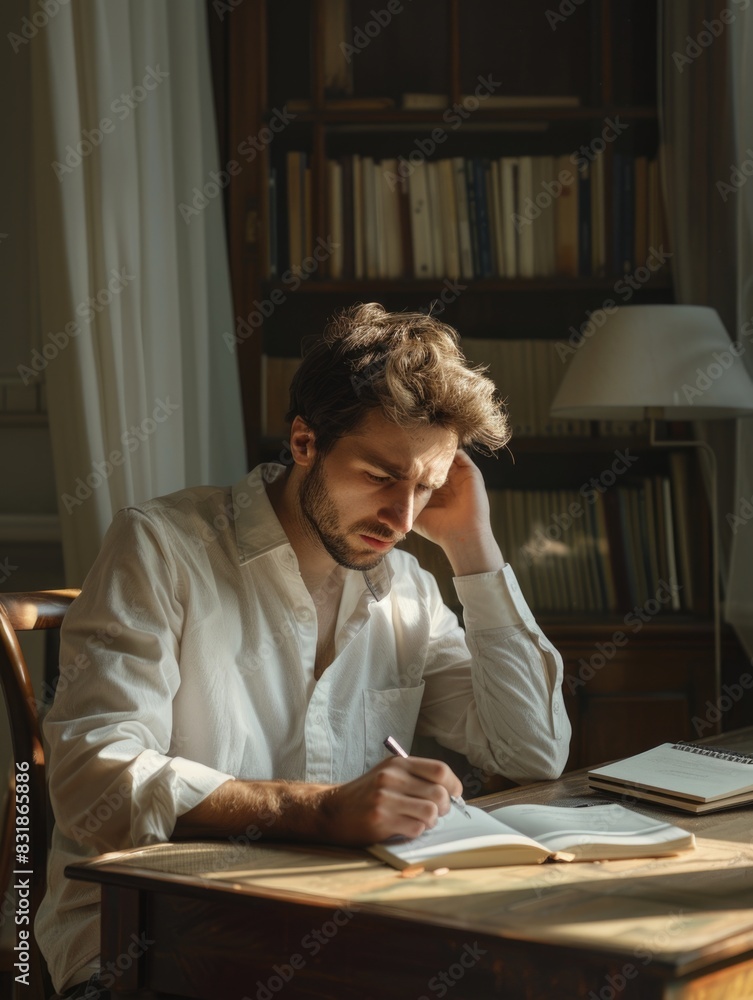 Poster a man is sitting at a desk with a book open in front of him. he is writing in a notebook and he is i