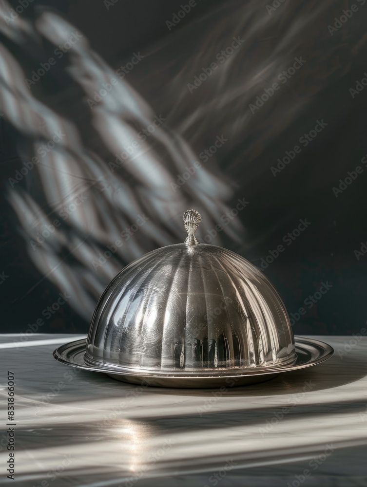 Poster a silver bowl with a silver lid sits on a table. the table is dark and the bowl is the only object i