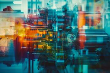 Advanced industrial production technology close up, focus on, copy space, vibrant colors, Double exposure silhouette with machinery