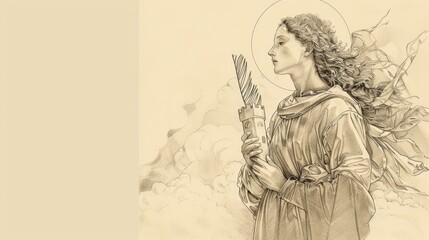 Fototapeta premium St. Barbara with Tower and Palm Branch, Stormy Skies, Biblical Illustration, Beige Background, Copyspace