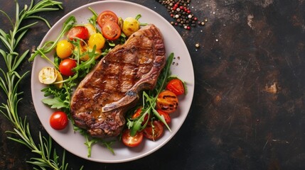 A plate of meat and vegetables with a black background. The plate is full of food and the vegetables are fresh and colorful