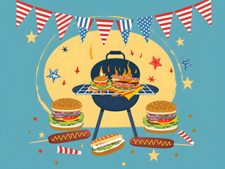 A blue background with a grill and a bunch of hot dogs and hamburgers
