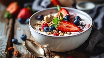 A bowl of fruit and granola with a spoon in it. The bowl is filled with blueberries, strawberries,...