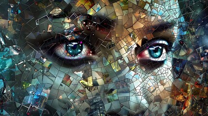 A digital mosaic of fragmented memories, each tile holding a different emotion