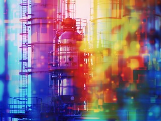 Chemical processing equipment close up, focus on, copy space, vibrant colors, Double exposure silhouette with reactors