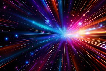 Fototapeta premium A colorful and dynamic neon background with streaks of light in various colors, representing speed or time travel through space. The center is filled with glowing stars that give the impression 