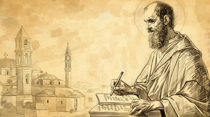 Writing of St. Basil of Caesarea in 4th-Century Church, Biblical Illustration, Beige Background, Copyspace