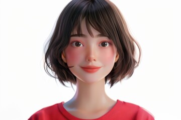 Fototapeta premium A woman with a red shirt and red lipstick is smiling. She has a short haircut and is wearing a red shirt
