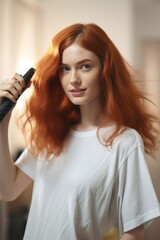 Fototapeta premium A woman with red hair is brushing her hair with a brush. She is smiling and looking at the camera