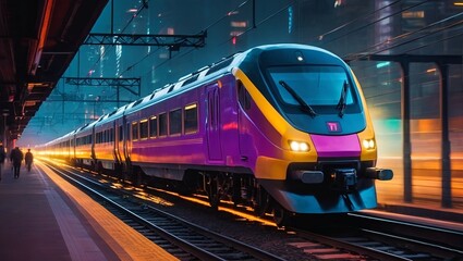 Fototapeta premium train on the railway artwork a night train at full speed using a blend of neon-impressionism and cyberpunk inspiration