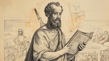 Fototapeta premium St. Paul with Book and Sword, Missionary Journeys, Biblical Illustration, Beige Background, Copyspace