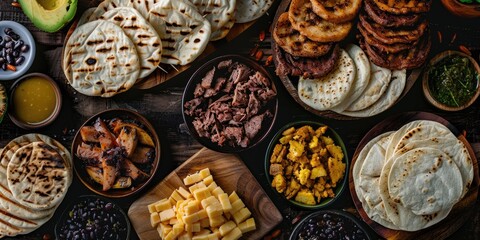 Fototapeta premium A table full of Mexican food including tortillas, beans, and cheese. Scene is inviting and delicious