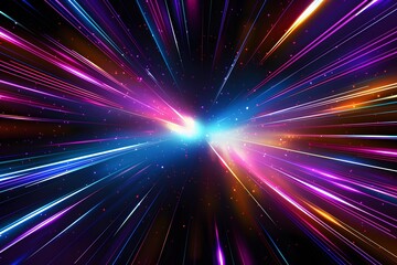 Naklejka premium A colorful and dynamic neon background with streaks of light in various colors, representing speed or time travel through space. The center is filled with glowing stars that give the impression 