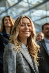 A woman smiling and laughing with a group of people, possibly friends or colleagues