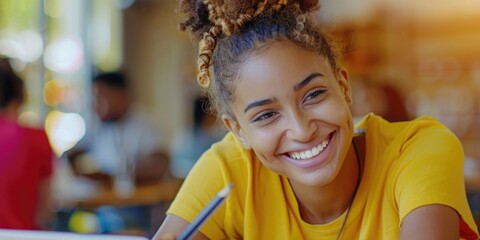 A happy young girl with a bright smile sits at a table, ready for a meal or social gathering