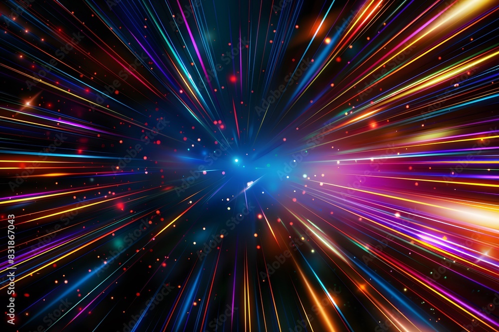 Poster a colorful and dynamic neon background with streaks of light in various colors, representing speed o