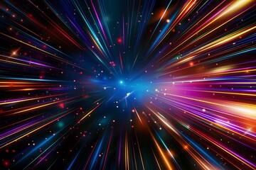 Fototapeta premium A colorful and dynamic neon background with streaks of light in various colors, representing speed or time travel through space. The center is filled with glowing stars that give the impression 