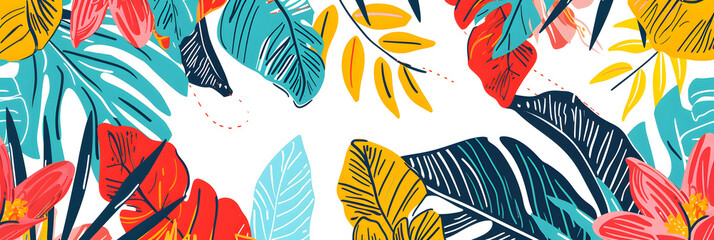 A colorful tropical flower print with a white background