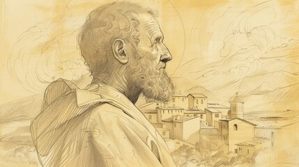 Fototapeta premium In Reflection, St. Ambrosio with 16th-Century Spanish Village, Biblical Illustration, Beige Background, Copyspace