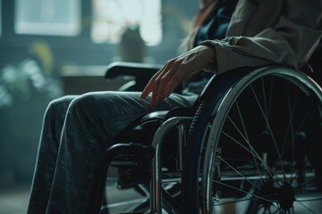 Obraz premium Woman in wheelchair next to an office desk, hand close up, unrecognizable person