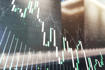 Abstract virtual financial graph hologram on blurry modern office building background, forex and...