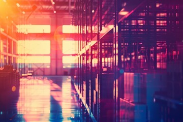Fototapeta premium Warehouse operations in supply chain close up, focus on, copy space, vibrant colors, Double exposure silhouette with storage racks