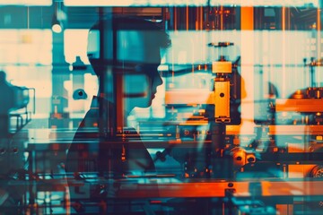 Innovative manufacturing processes close up, focus on, copy space, vibrant colors, Double exposure silhouette with machinery