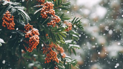 A tree covered in orange berries stands out against a snowy backdrop - Powered by Adobe