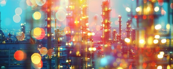 Obraz premium Automated systems in chemical plant close up, focus on, copy space, vibrant colors, Double exposure silhouette with control panels