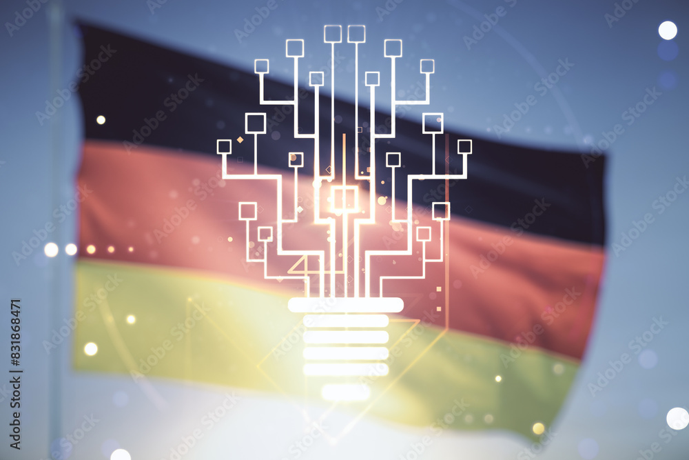 Poster Virtual creative idea concept with light bulb and microcircuit illustration on flag of Germany and sunset sky background. Neural networks and machine learning concept. Multiexposure