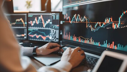 A financial professional using advanced computer technology to create charts and graphs, displaying stock market data on multiple screens in an office setting. The scene captures the essence of modern