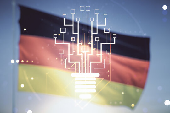Virtual creative idea concept with light bulb and microcircuit illustration on flag of Germany and sunset sky background. Neural networks and machine learning concept. Multiexposure