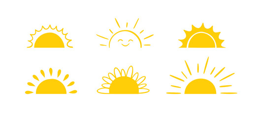 Yellow semicircle doodle half sun Hand drawn icons set doodle style. Sunset simple graphic symbols. Summer heat icons. Half round solar element.