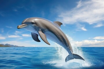 A dolphin leaping out of the ocean with a splash, perfect for aquatic or marine-related uses