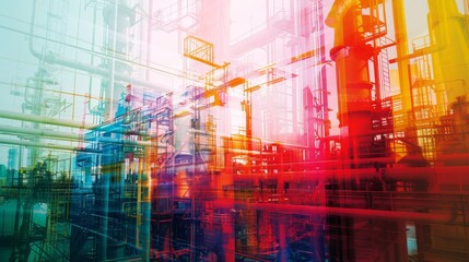 Advanced oil refinery technology close up, focus on, copy space, vibrant colors, Double exposure silhouette with pipelines